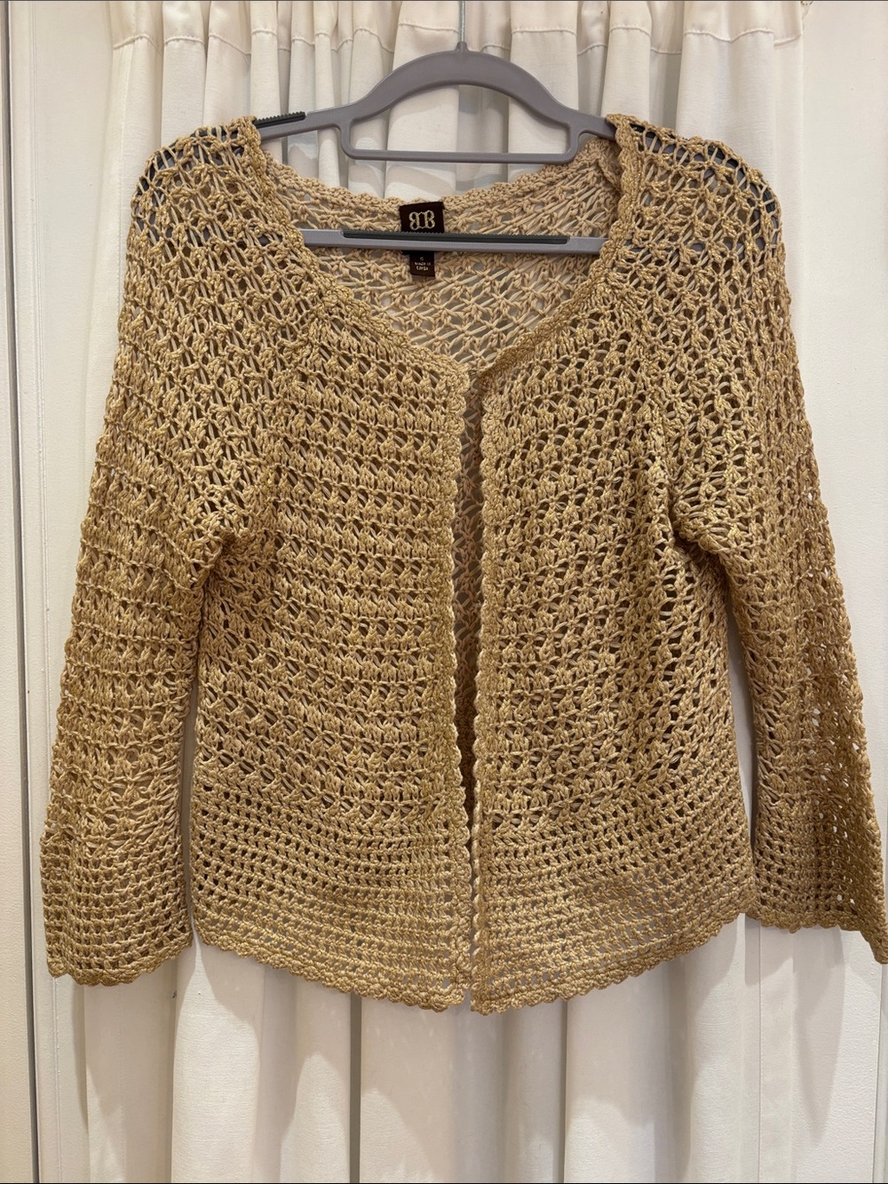 BB Open-Weave gold metallic Crochet Cardigan Sweater in tan/gold